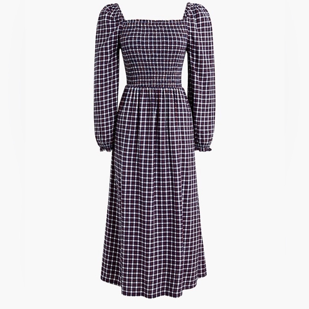 J Crew Womens Dress Plaid Flannel Cottage Puff Sleeve Smocked Midi Navy Size L - Picture 2 of 14